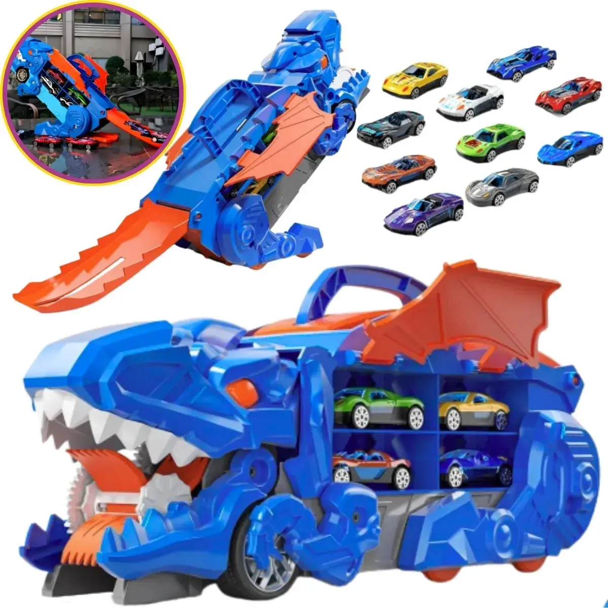 Caminhão Cegonha Dino Comporta 8 Carrinhos Maleta Pista Lançador Compatível Com Hotwheels Atacarejo Kids Dino Truck