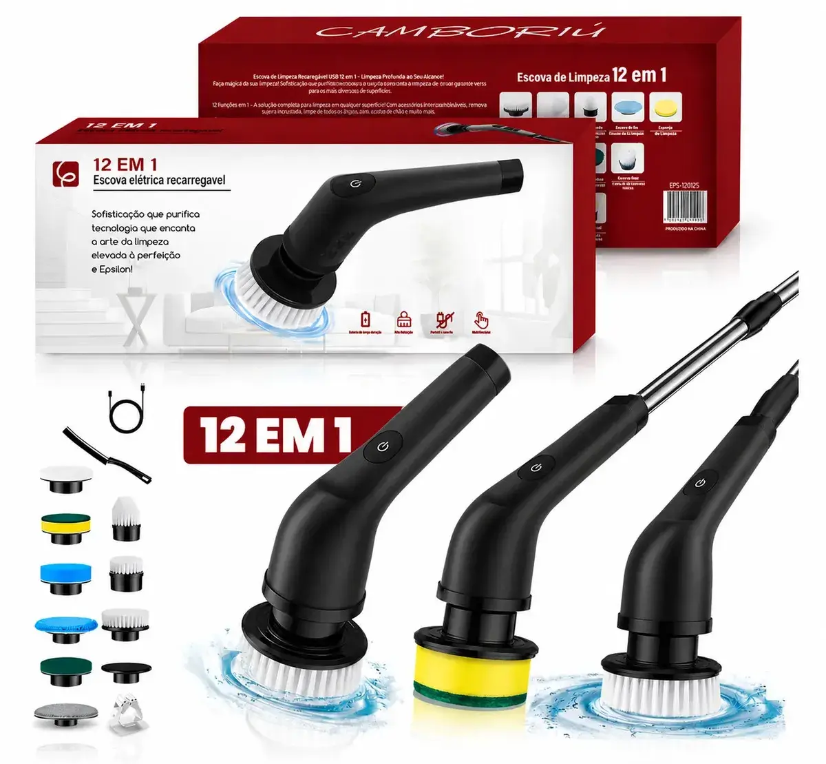 Escova de limpeza elétrica 12 em 1 giratória recarregável cabo regulável EPS-4112 - PRETO