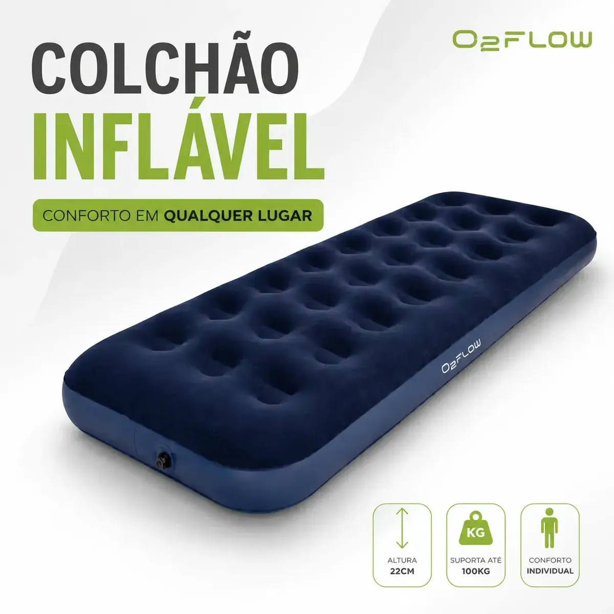 Colchão Inflável Solteiro Multiuso Aveludado O2flow
