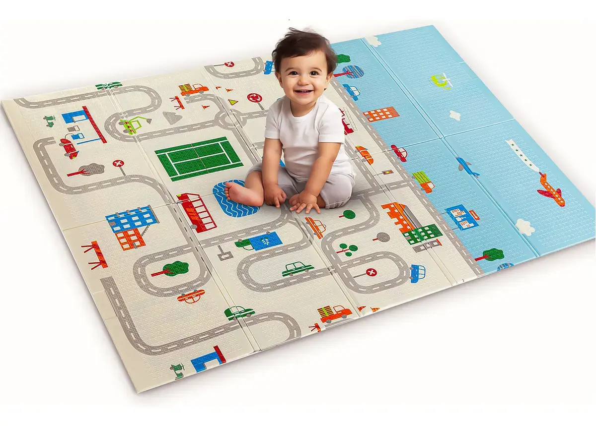 Tapete Infantil Emborrachado Sensorial Dobrável Dupla Face Educativo Cidade I Love Baby