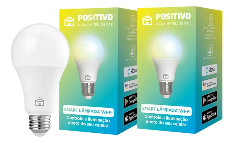 Kit 2 Lâmpadas Smart Wi-Fi Positivo Casa Inteligente 9W Bivolt, Compatível com Alexa e Google Assistente, Controle por App e Voz, RGB