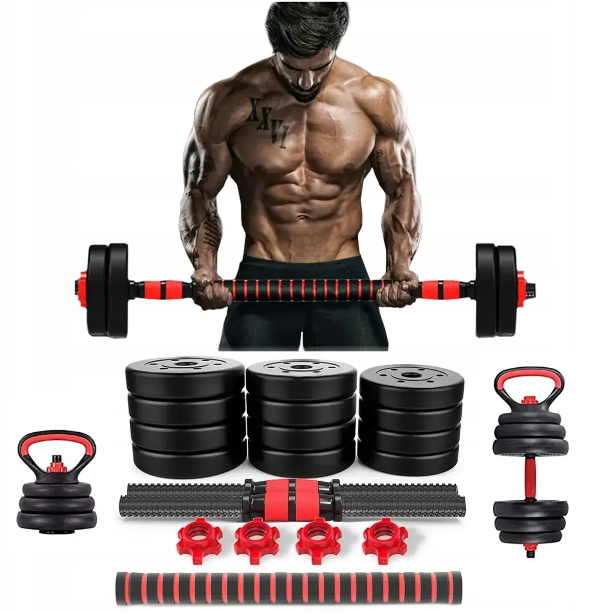 Kit Halteres Barra E Anilhas Musculação Kettlebell Ajustáveis Peso Academia 15kg