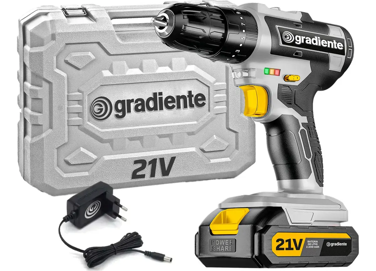 Parafusadeira Furadeira Sem Fio Gradiente GPB21VW Impacto 21V Maleta