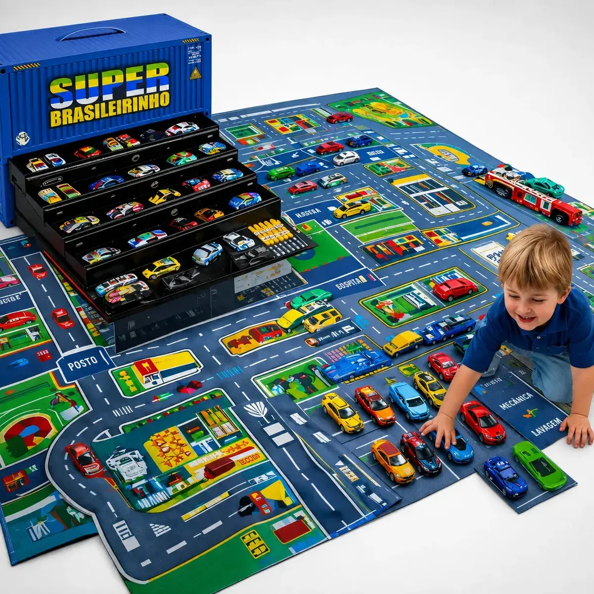 Maleta 48 Carrinhos Tapete Pista Brinquedo Presente Menino Azul Super Brasileirinho