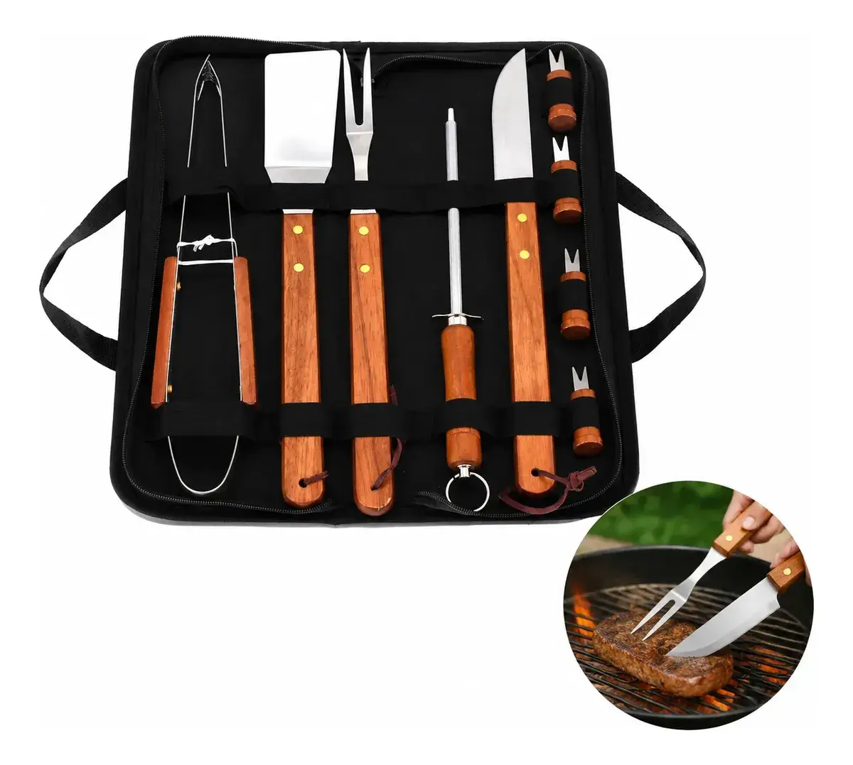 Kit Churrasco 10 Peças 360 Aço Inox Cabo Madeira Estojo