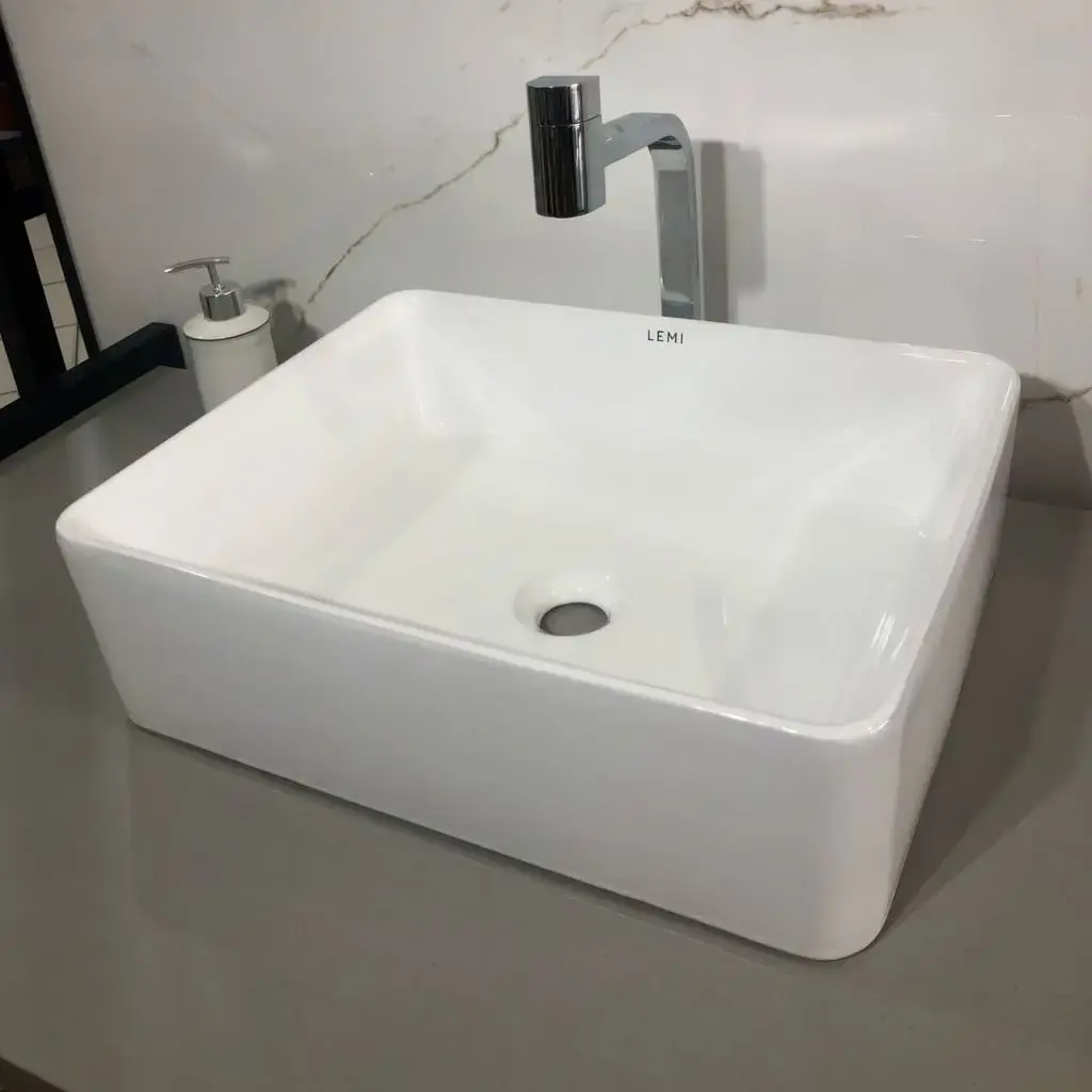 Cuba Para Banheiro Louça Sobrepor Retangular Apoio 40cm Lemi Branco Brilhante