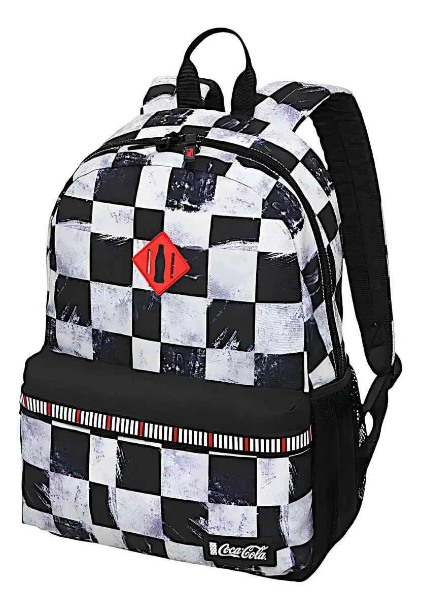 Mochila Escolar Coca-Cola Brush Xadrez para Notebook e Garrafa