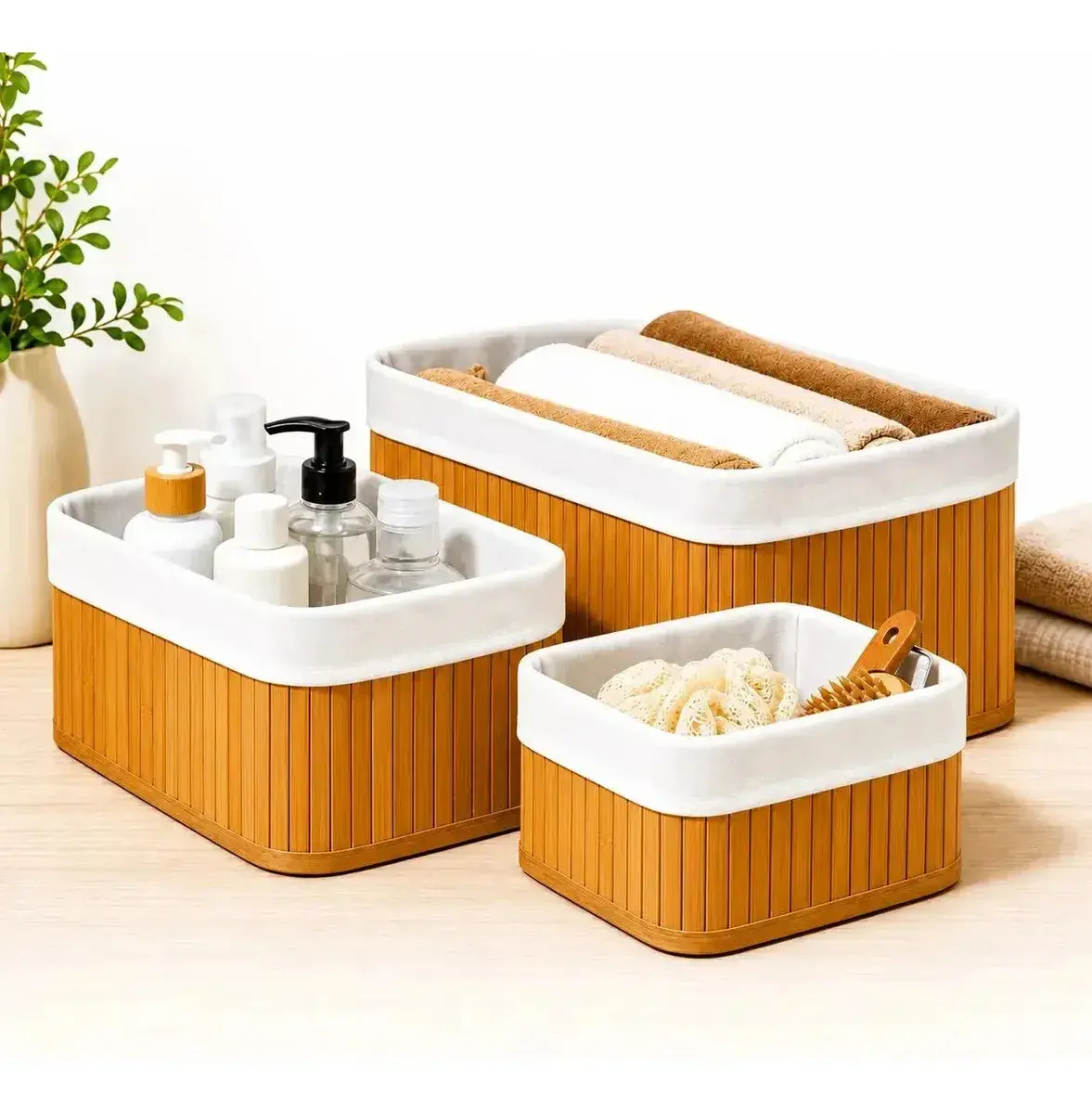 Kit 3 Cestos Domésticos Organizadores De Bambu Multiuso Bege
