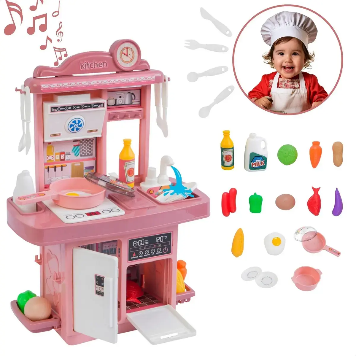 Kit Mini Cozinha de Brinquedo Fogão Geladeira Forno solta Água e som cor Rosa Atentu