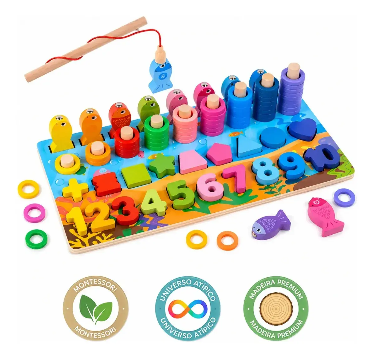 Brinquedo Pedagógico Madeira Montessoriano Educativo Formas Números Cores Tabuleiro Colorido TEA Autismo Atacarejo Kids