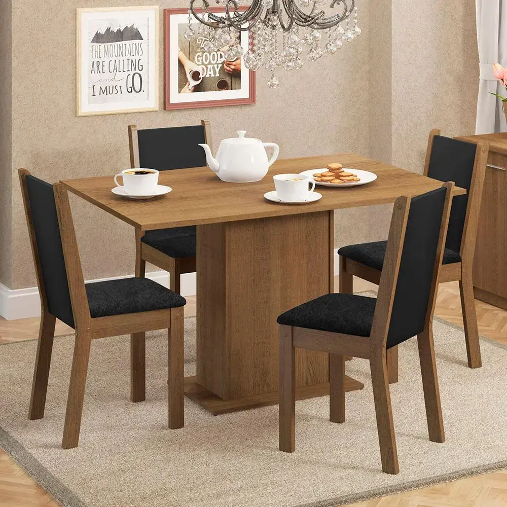 Sala De Jantar Madesa Talita Mesa Tampo Madeira 4 Cadeiras Cor Rustic/Preto/Oxford Desenho do tecido das cadeiras Liso