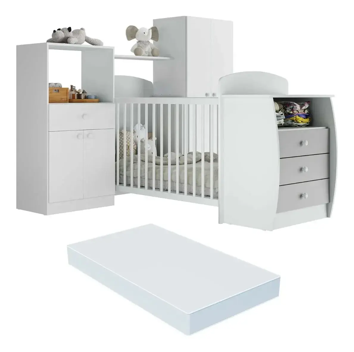 Quarto Infantil Berço-cômoda Colchão Incluso Laura Branco/cinza