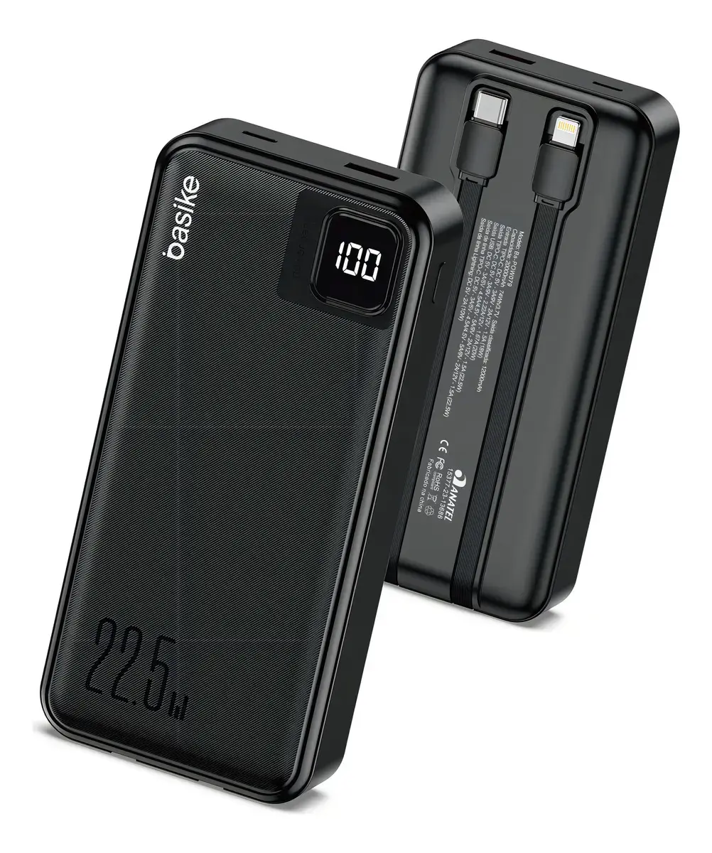 Power Bank Basike 20000mAh Preto, Carga Rápida 22.5W para iPhone e Samsung, Com Cabos Embutidos e Display
