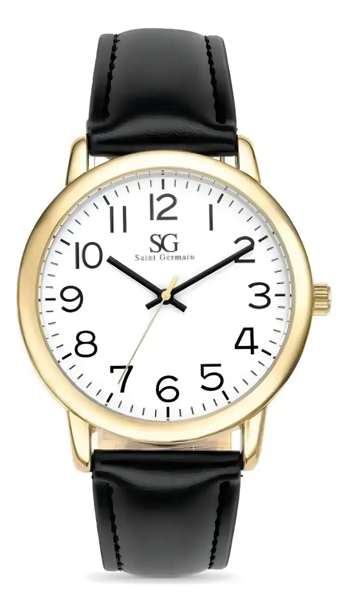 Relógio Masculino Dourado Saint Germain Correia De Couro Preto Caixa Dourada Fundo Branco 40mm Elegante Clássico