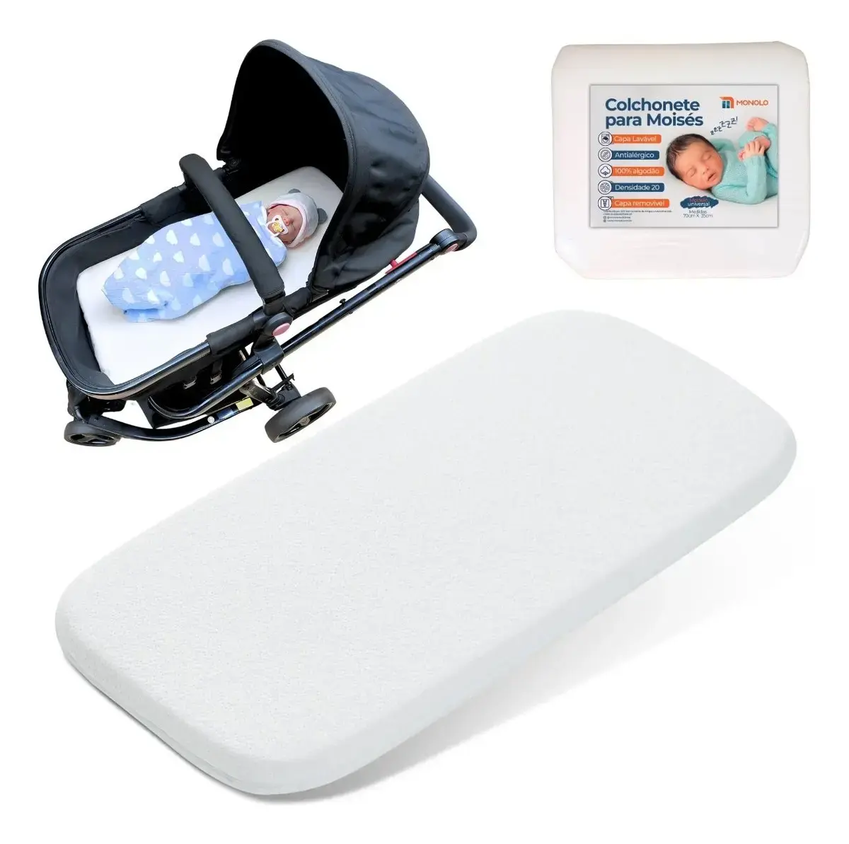 Colchonete para Moisés de Carrinho Universal com Capa Removível Monolo Branco