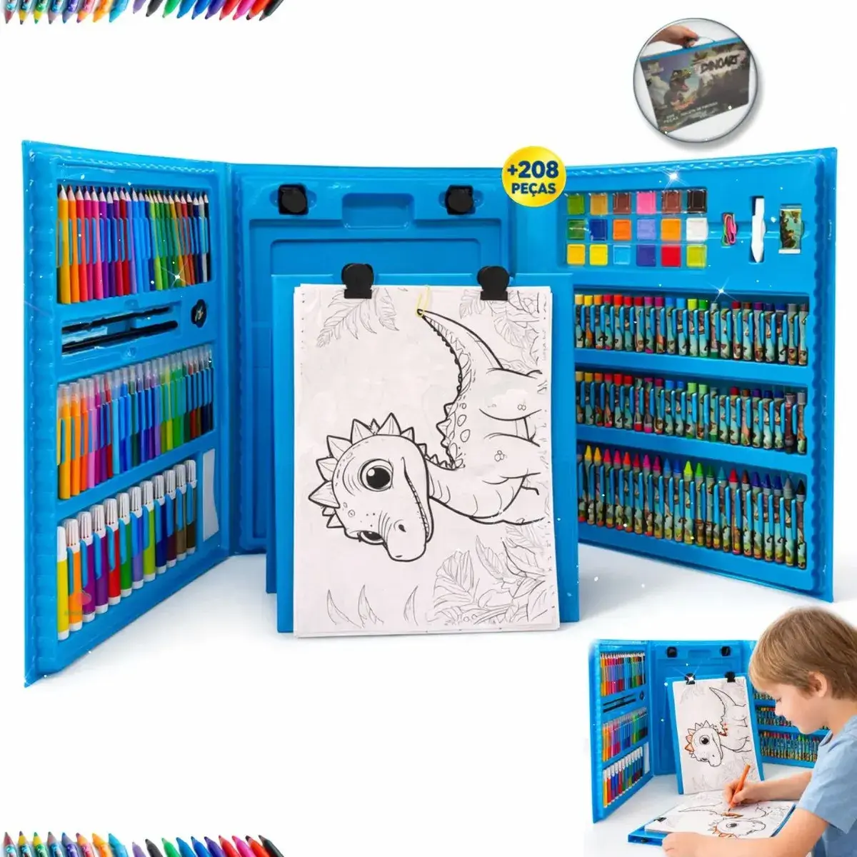 Estojo Maleta 208 Peças Pintura Dinossauro Escolar Infantil Amorelância