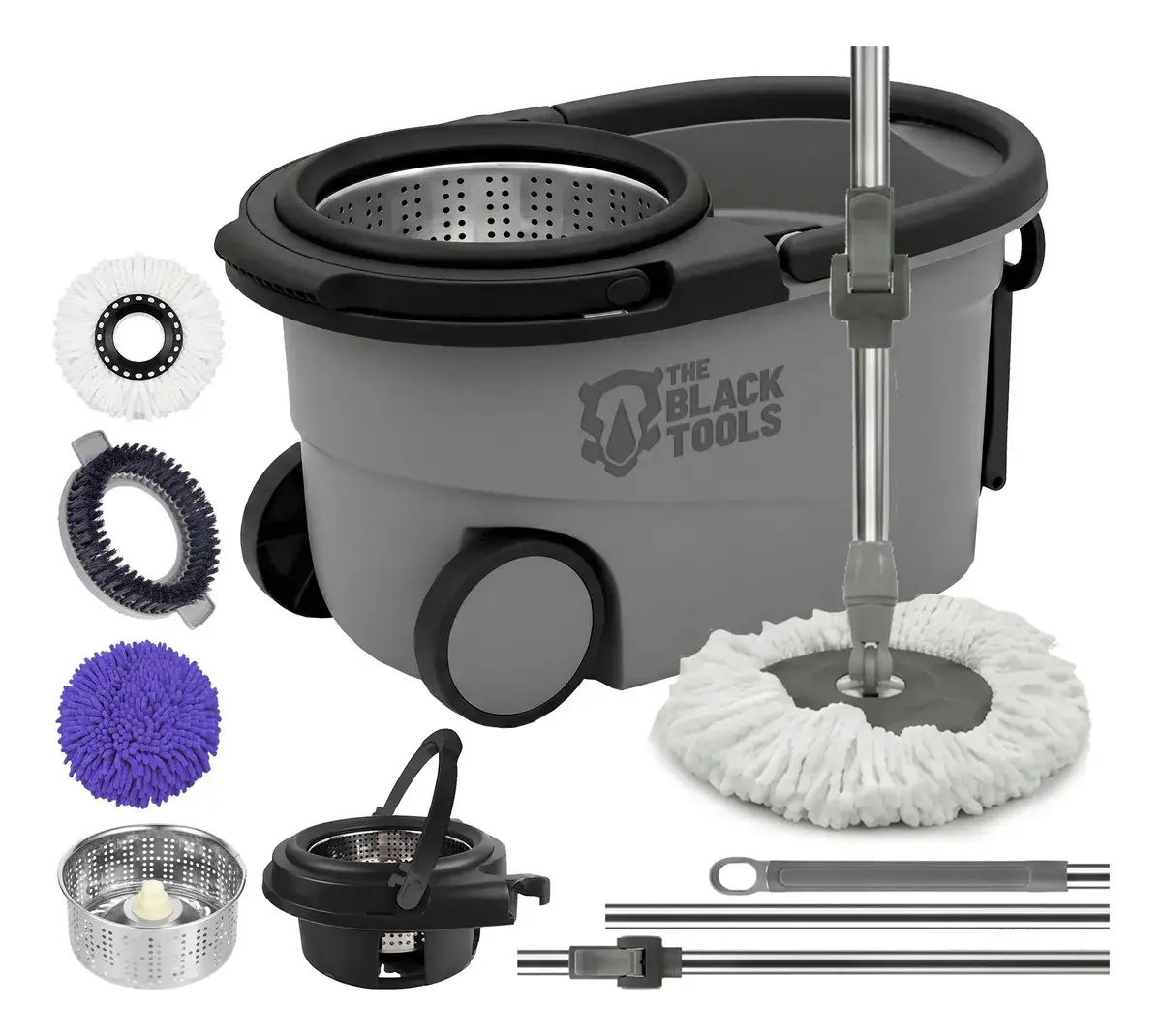 Mop The Black Tools Mop 360° Giratório TBBL04 Com Balde Centrífuga Inox Cinza Cabo Longo Alça Roda Com 3 Refis