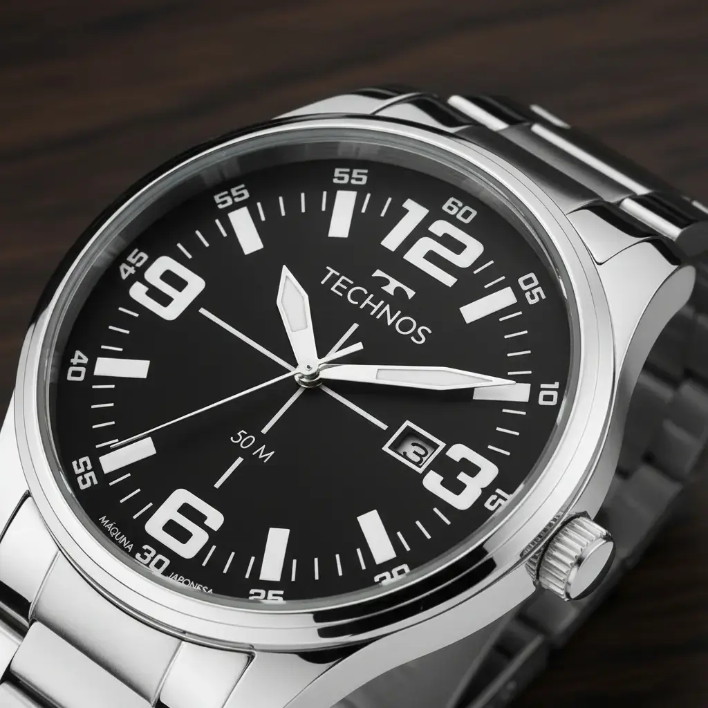 Relógio Technos Militar Masculino Prata Fundo Preto Quartzo Aço Inoxidável