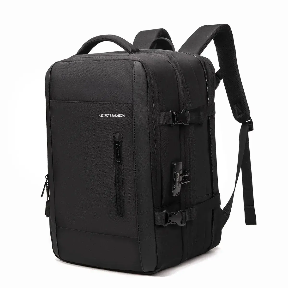 Mochila para computador masculina, com fecho de senha, capacidade expansível de 25-40L, impermeável, reforçada, com espaço para notebook e porta USB, ideal para viagens e deslocamentos diários.