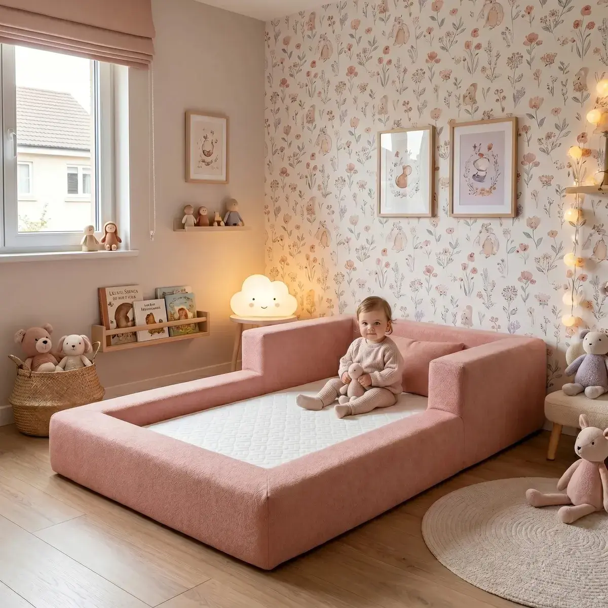 Cama Montessoriana Berço Aconchego Espuma Boucle Rosa Keiko Rosa