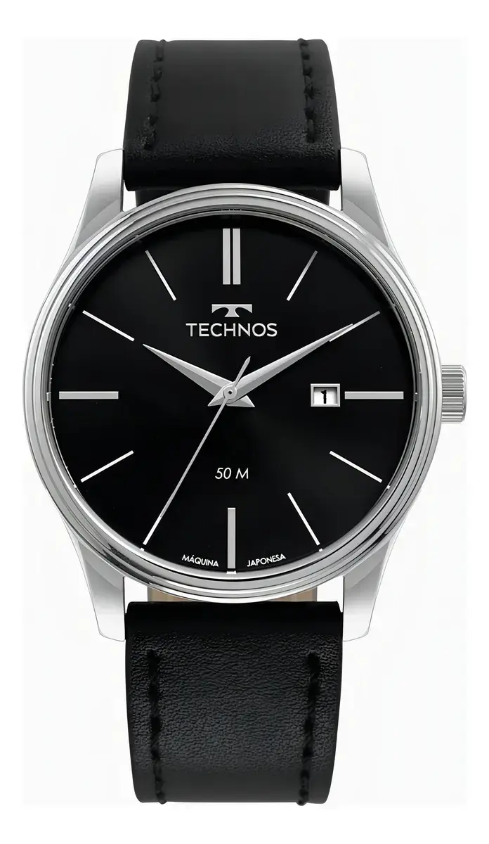 Relógio Technos Masculino Steel 2115mxu/0p Caixa de Aço Prata Mostrador Preto Pulseira de Couro