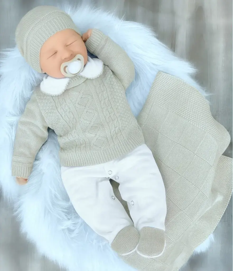 Saída Maternidade Tricô Nika Baby Bege para Bebê (0-3 Meses)