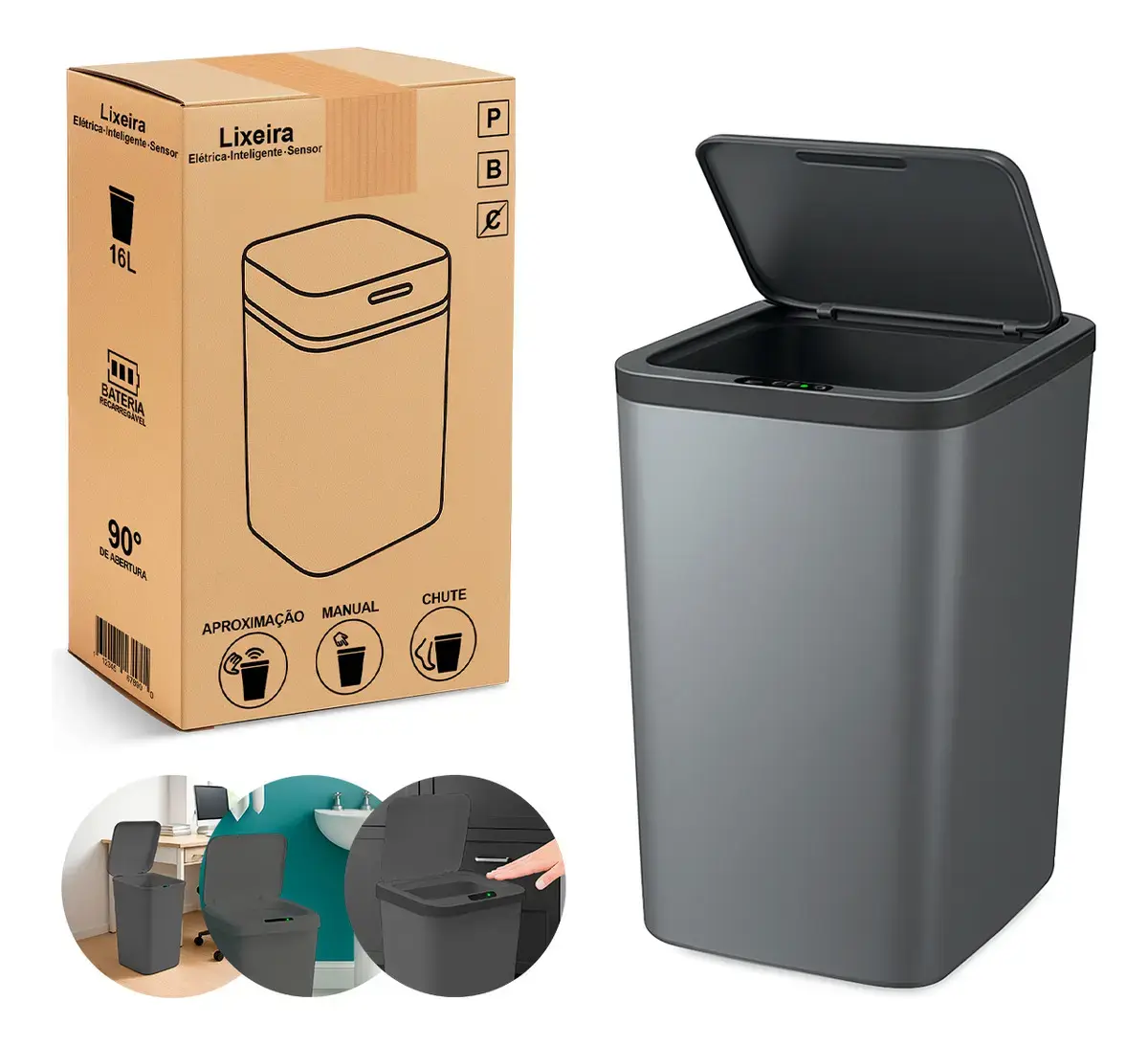 Lixeira Inteligente Sensor Automática Recarregavel Banheiro Cozinha Lixo Smart 16 Litros Cor Cinza