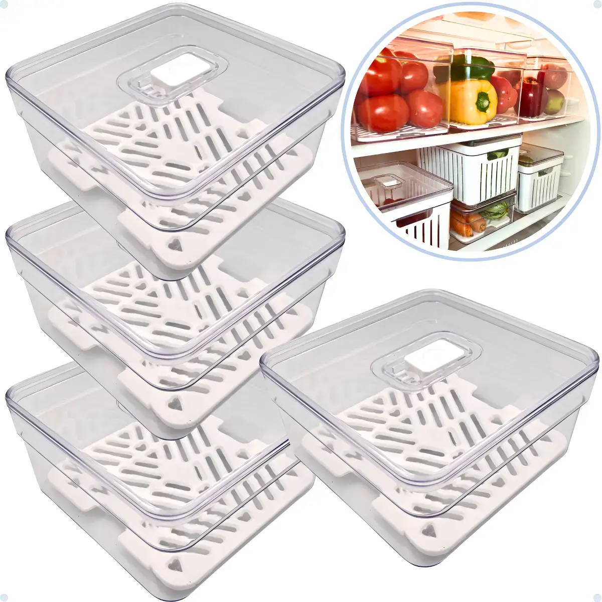 Kit 4 Organizador De Geladeira 1,4l Acrílico Frutas Verduras Cor Transparente