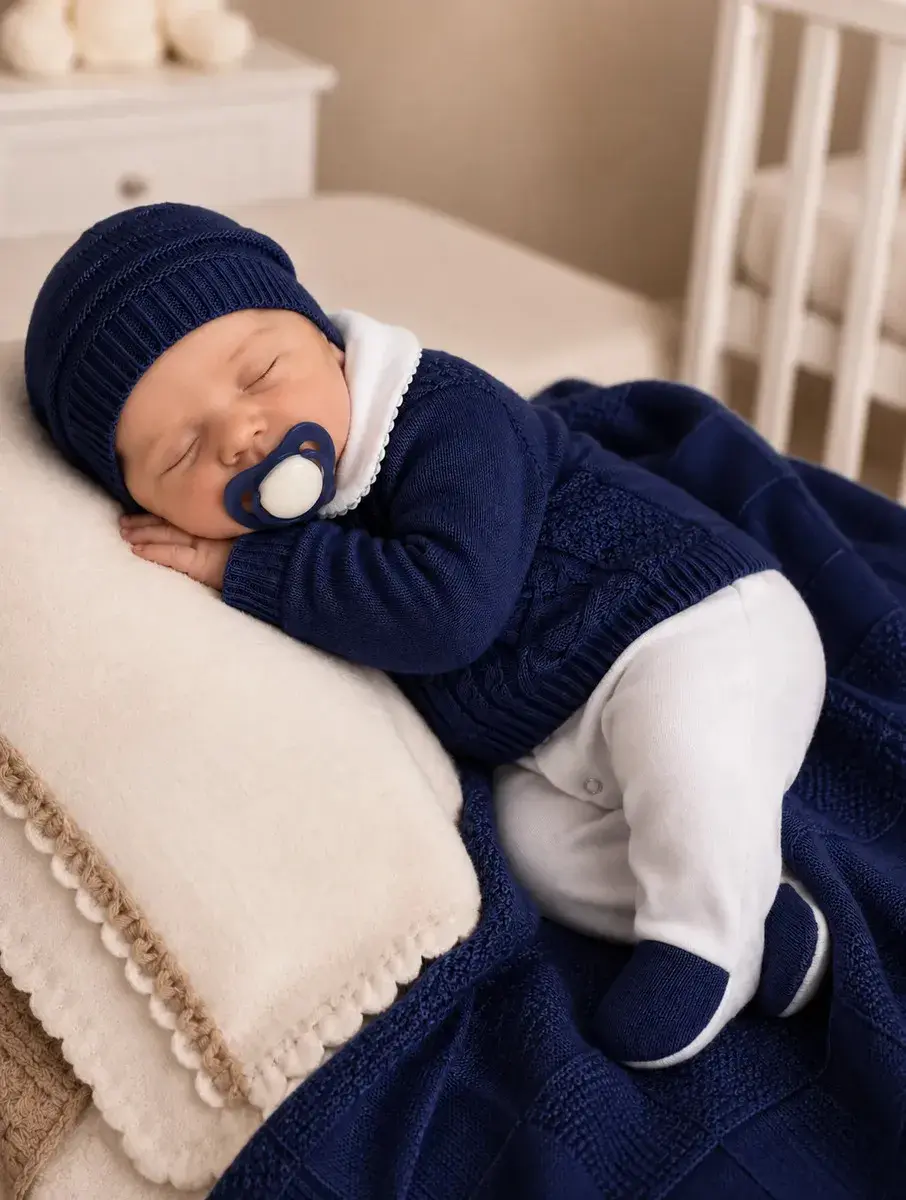 Saída De Maternidade Em Tricô Menino Marinho Azul-escuro