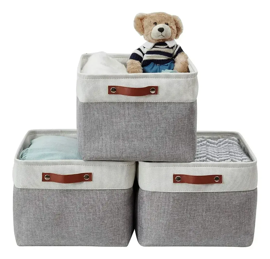 Caixa Cesto Organizador De Tecido Linho Dobrável 36x26x16 Cinza