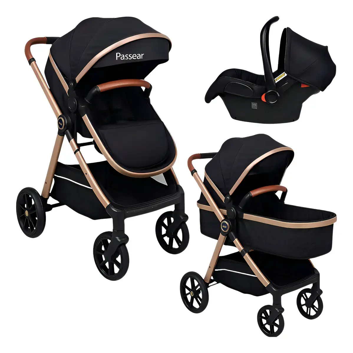 Carrinho de Bebê Passear Baby Apolo Preto Dourado 6 em 1 Assento Reversível