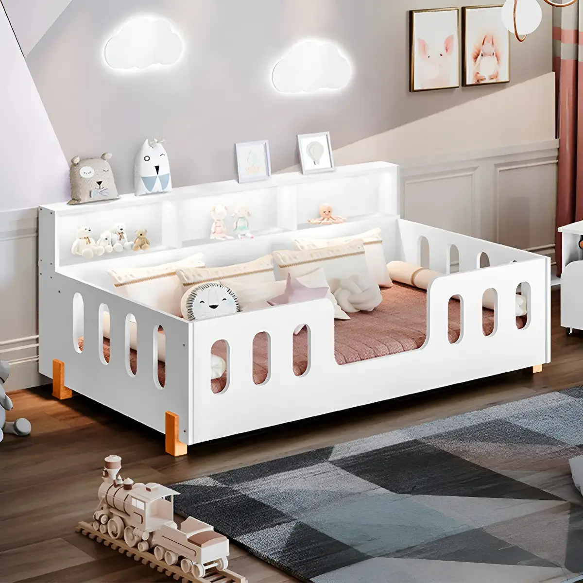 Cama De Criança Infantil Design Montessoriana Led Nina Nicho Branco