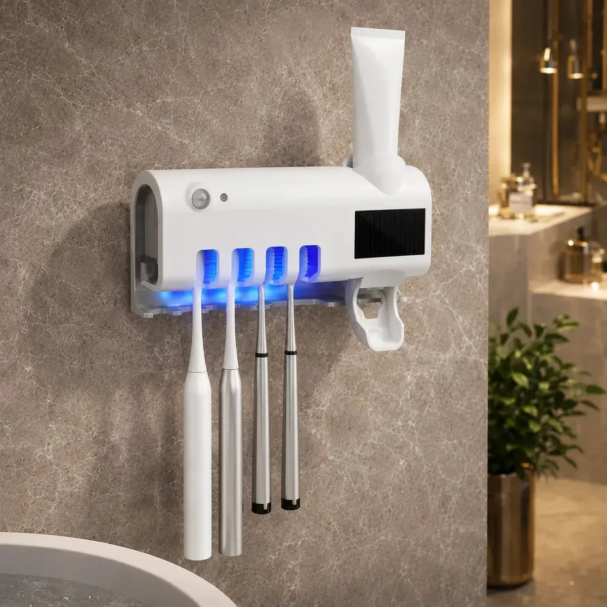 Dispenser Pasta De Dente Com Porta Escova Suporte De Parede Para 4 Escovas Branco Esterilizador Uv Ligeiro