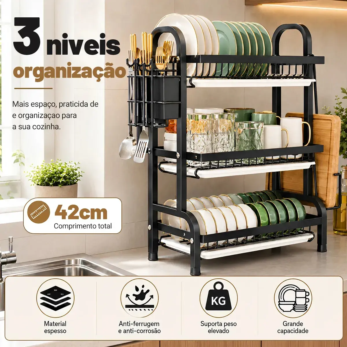 Escorredor de Louça Inox 3 Andares Grande escorredor de Pia para Armazenar Pratos, Tigelas, Talheres e Copos, Equipado com Bandeja Coletora Removível, Suporte para Tábua de Corte e Porta Talheres
