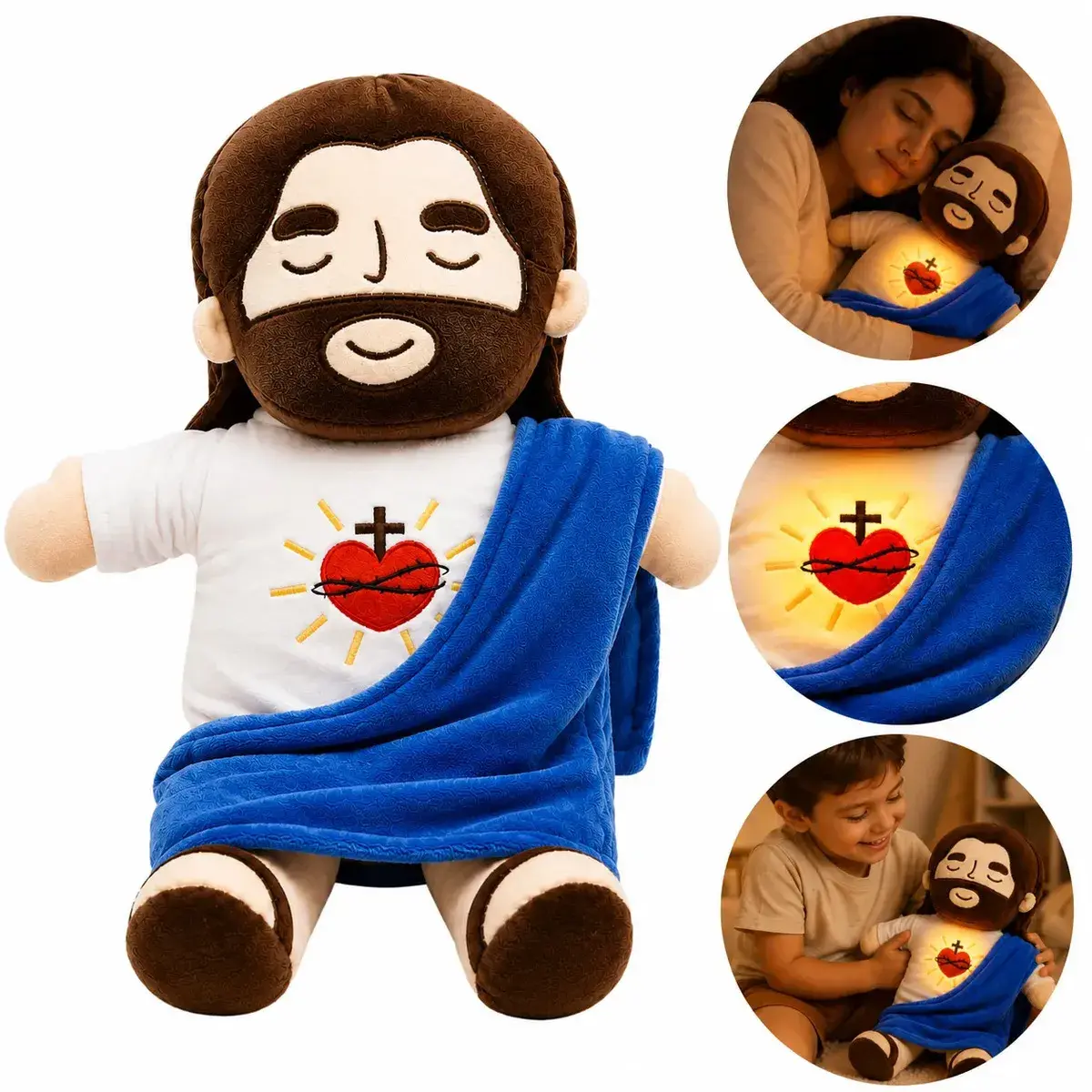 Pelúcia Jesus Que Respira Acalma Relaxa Alivia Ansiedade Pelúcia Menino Azul Com Luz Música Mompas