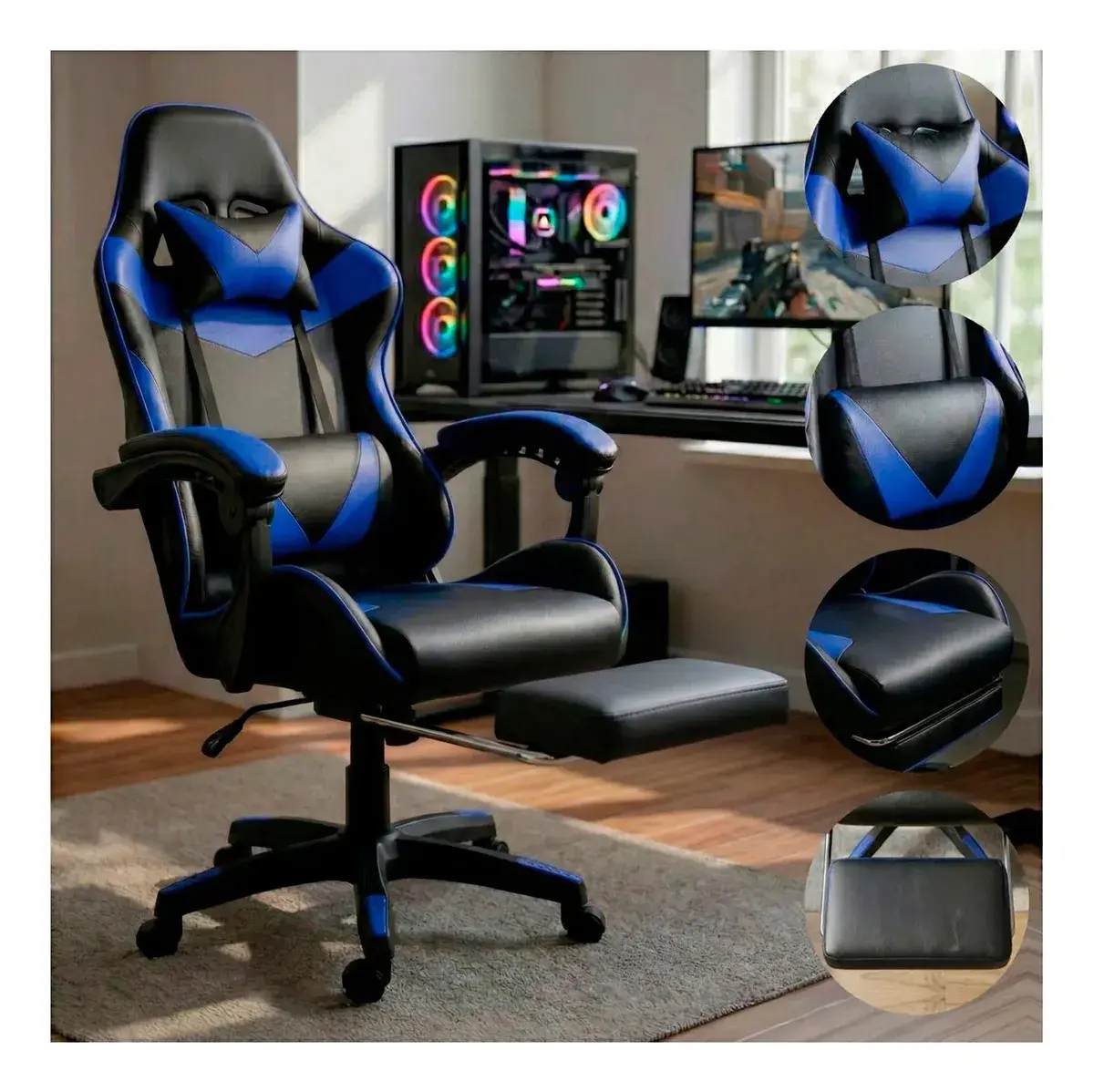 Cadeira Escritório Gamer Ergonômica Reclinável Com Apoio dos Pés Em Couro Azul Led Tools