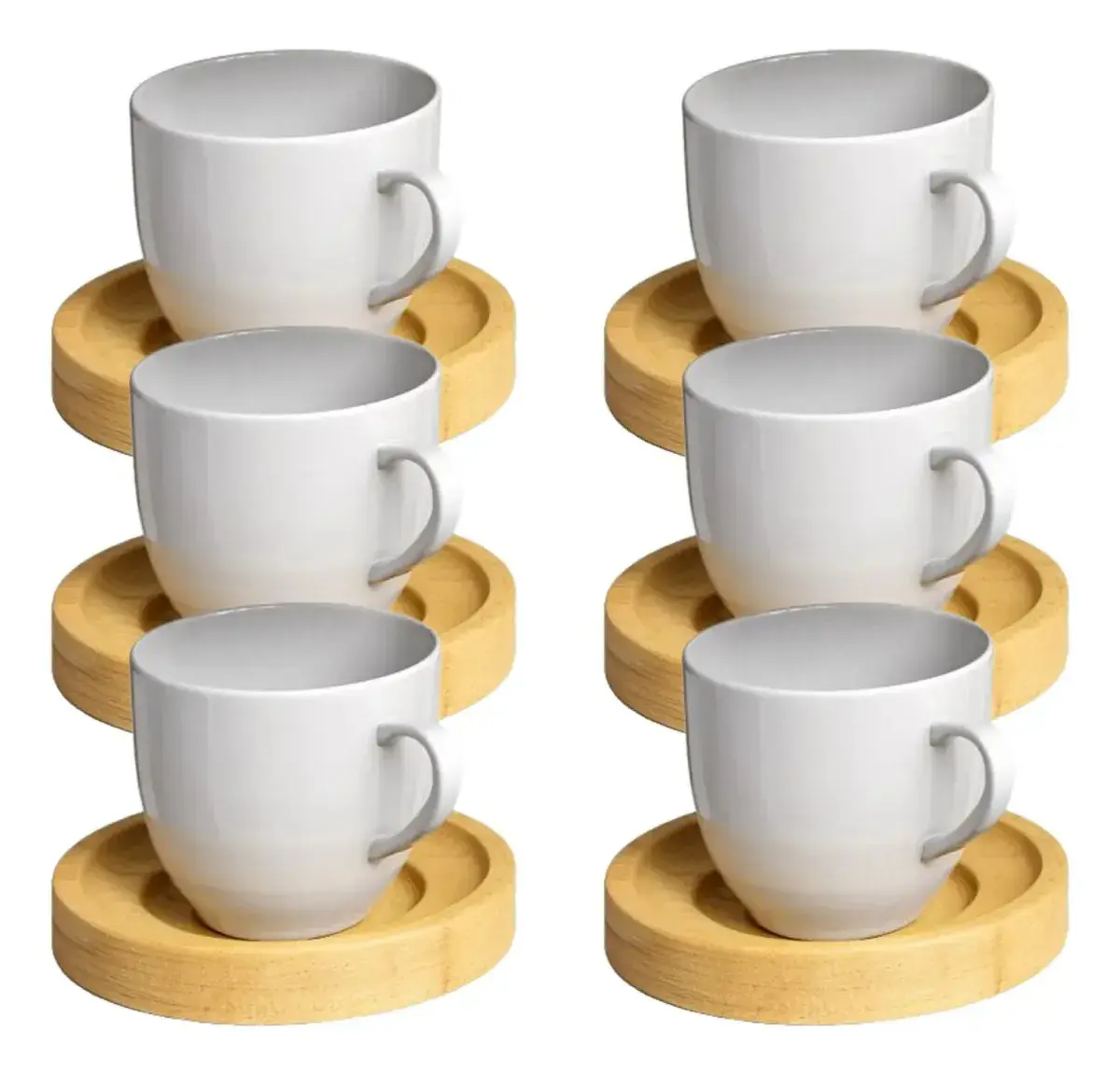 Jogo 6 Xicara Cafe Branca Porcelana Pires Madeira Premium Branco