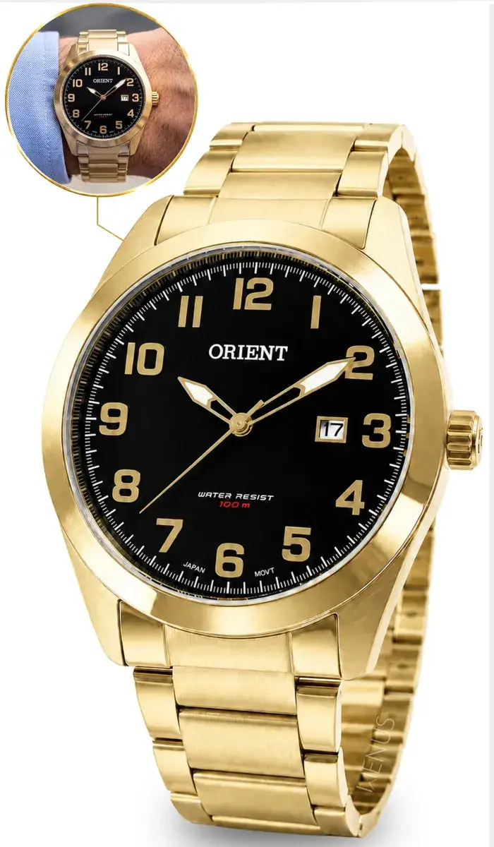 Relógio Masculino Orient Quartz Dourado Resistência Água 50m Fundo Preto
