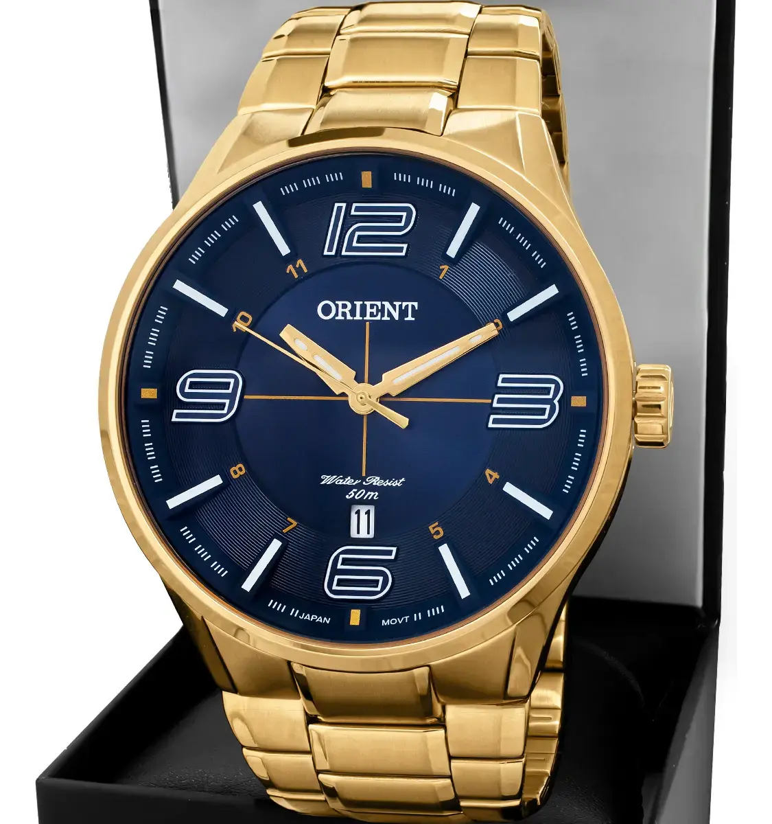 Relógio Orient Masculino Social Dourado Fundo Azul À Prova D'água 50m