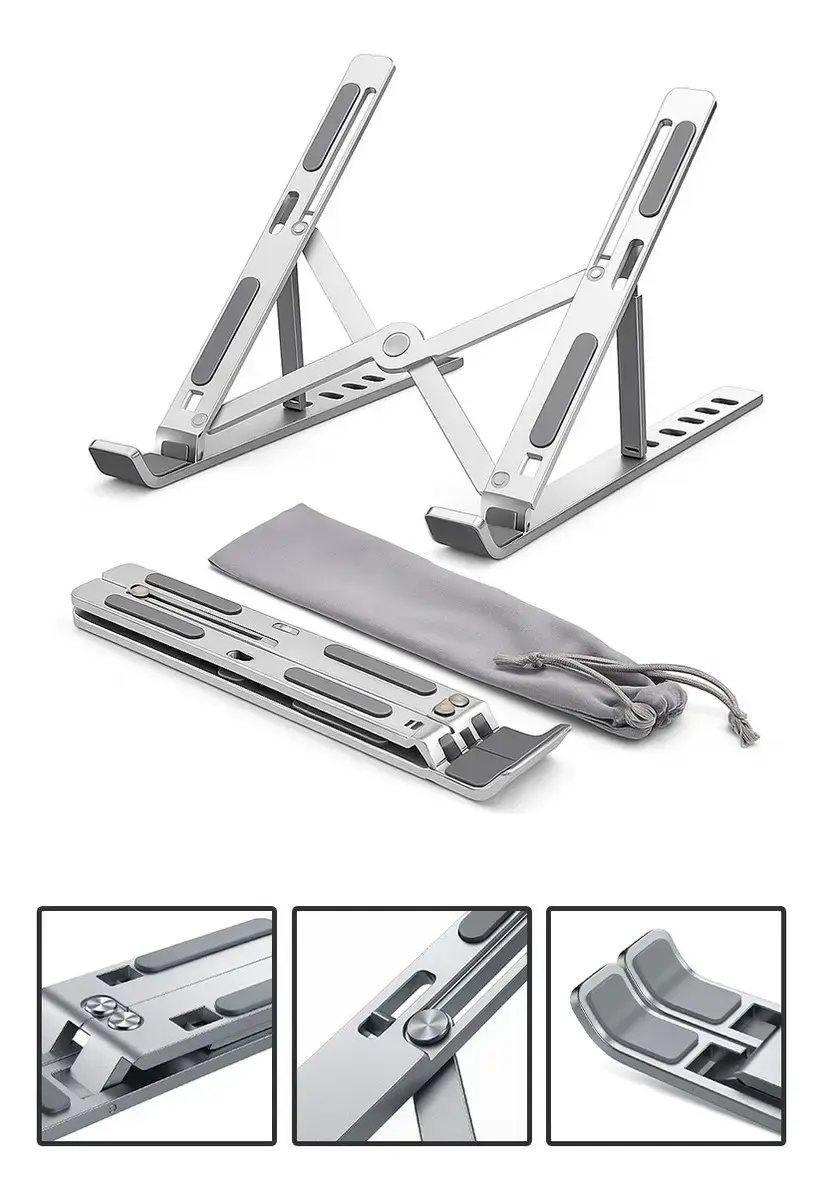 Base Suporte Para PC Notebook Alumínio Portátil Articulado Dobrável Tablet Laptop Mesa Davely Cor Prateado