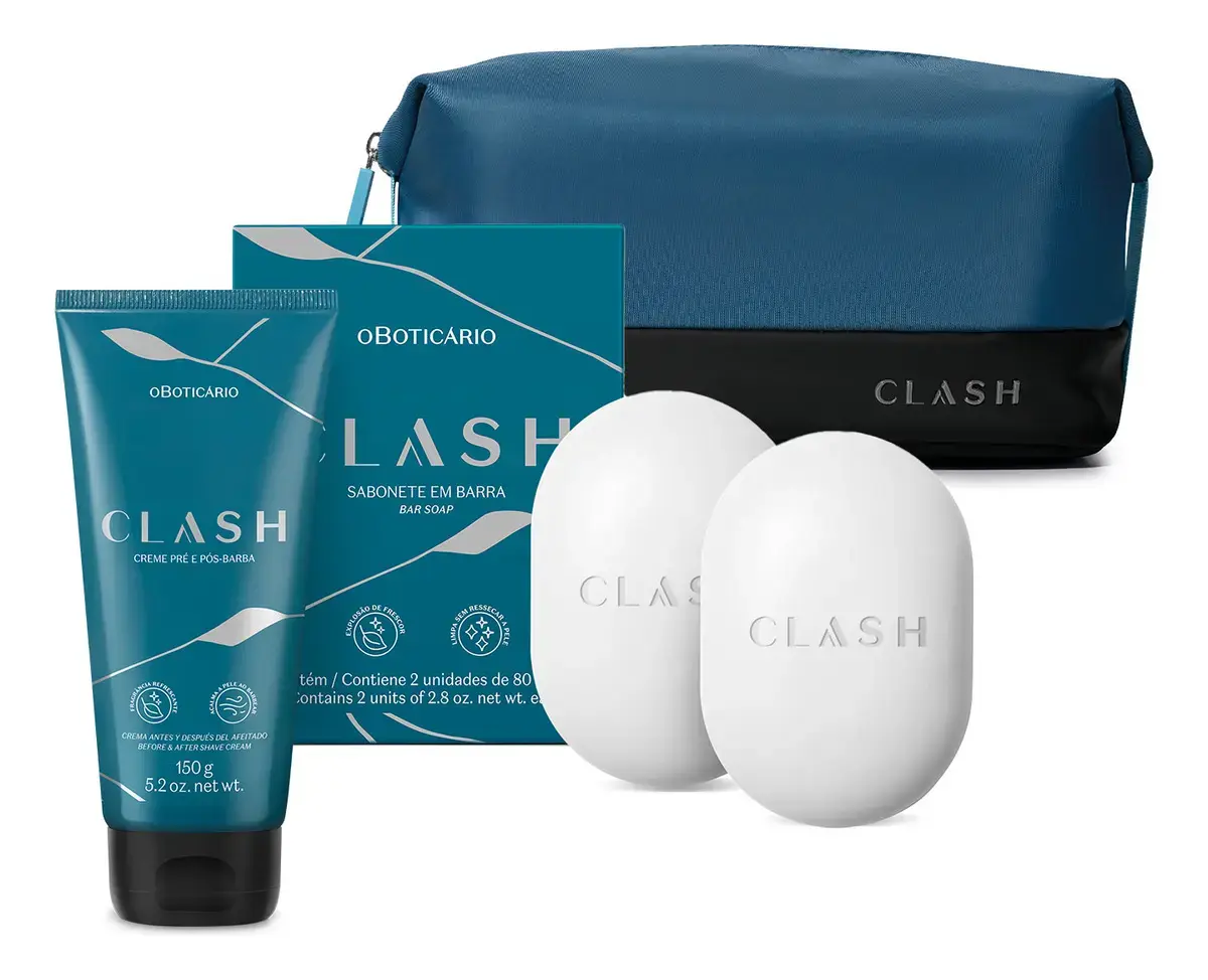 Clash: Creme Pré E Pós- Barba + Sabonete Em Barra 2x80g + Nécessarie