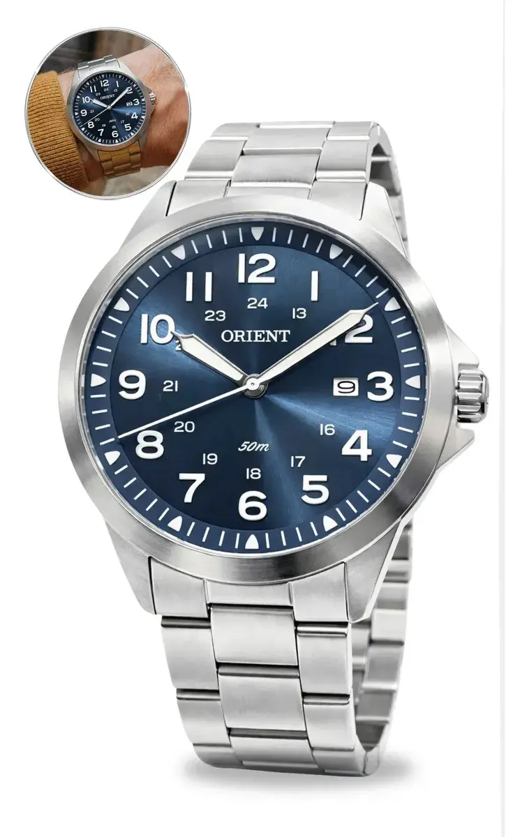 Relógio Orient Eternal MBSS1380 Cor Prateado com Fundo Azul