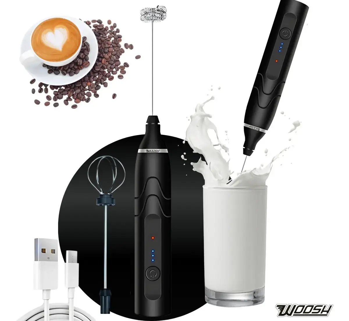 Mixer Elétrico Portátil 2 em 1 Recarregável Potente Misturador de Bebidas e Ovos 3 Velocidades Usb Batedor e Fue Fouet Marca Woosh