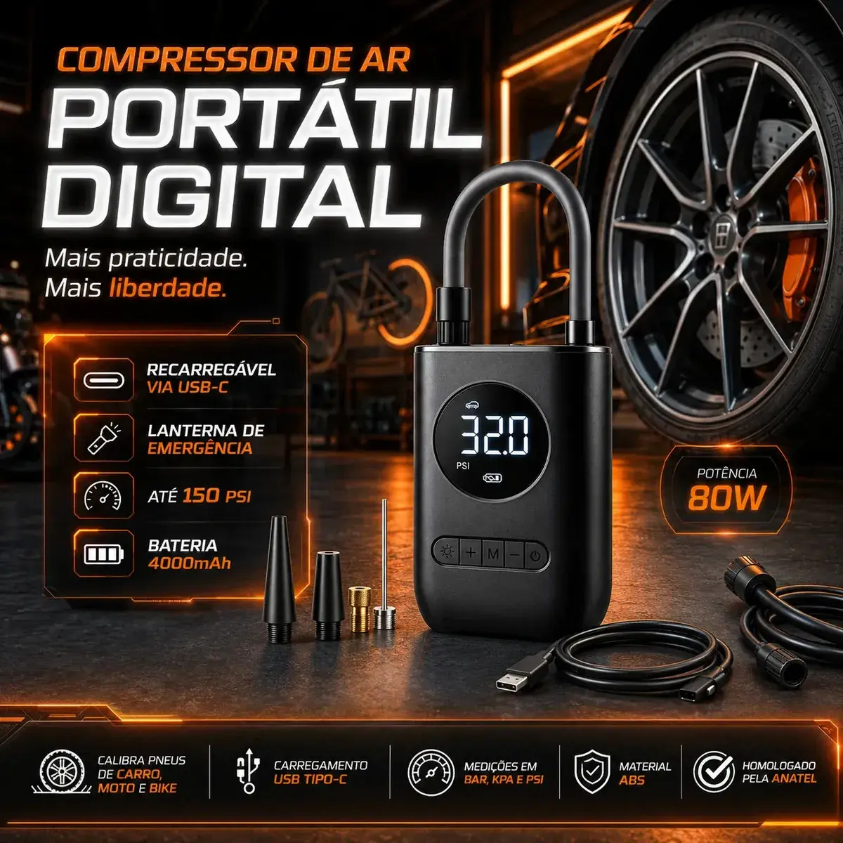 Mini Compressor De Ar De Bomba De Pneu Inflável Sem Fio B&G Preto 60 Hz Monofásica