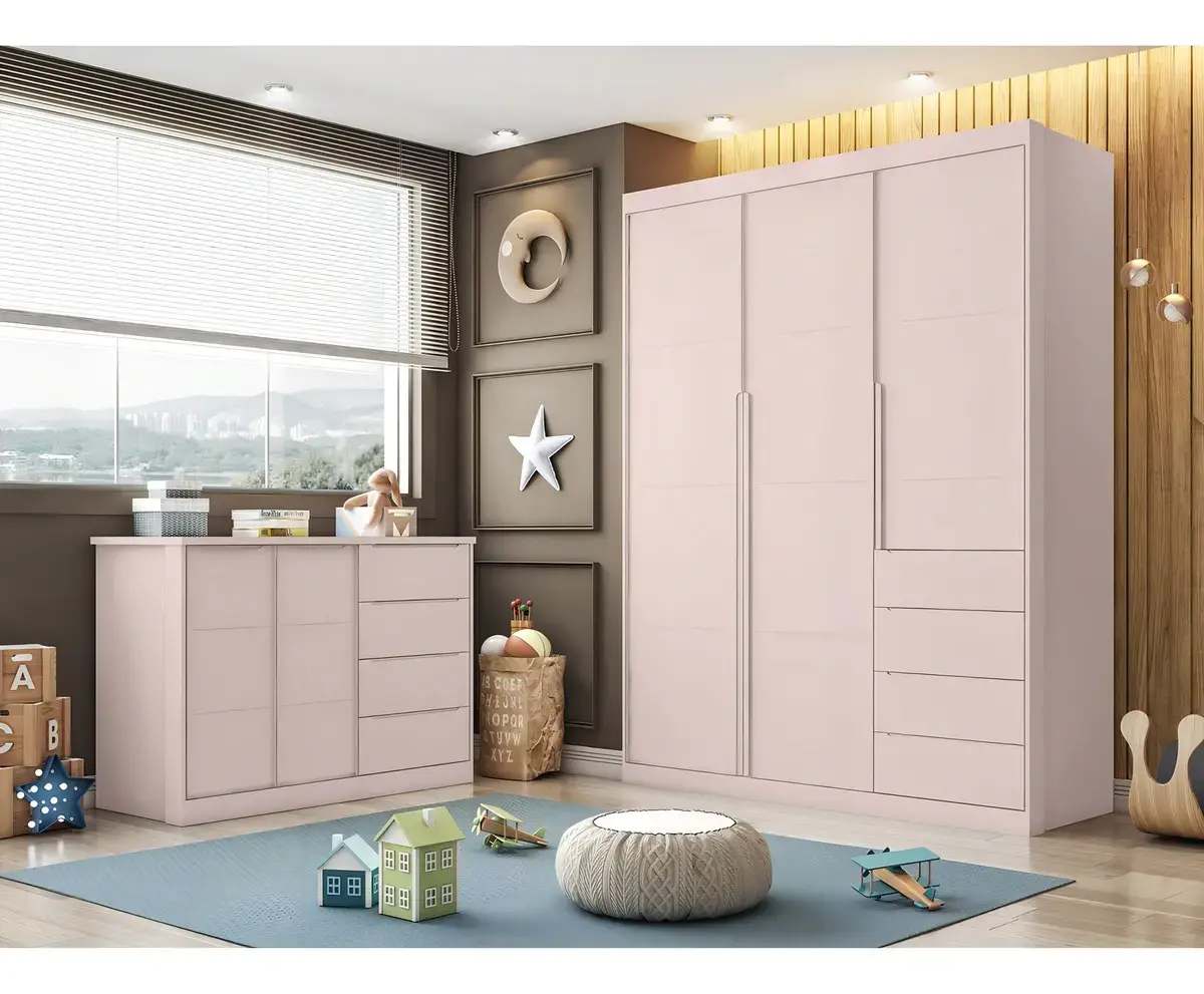 Quarto Infantil Completo Pérola Roupeiro E Cômoda 4 Gavetas