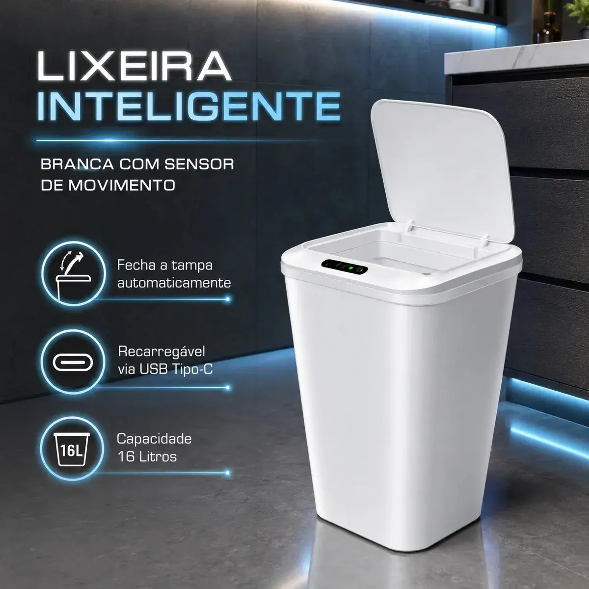 Lixeira Inteligente Automática Branca Universal Com Sensor Recarregável Earman Company Anti Odor 16l Recarregável Usb