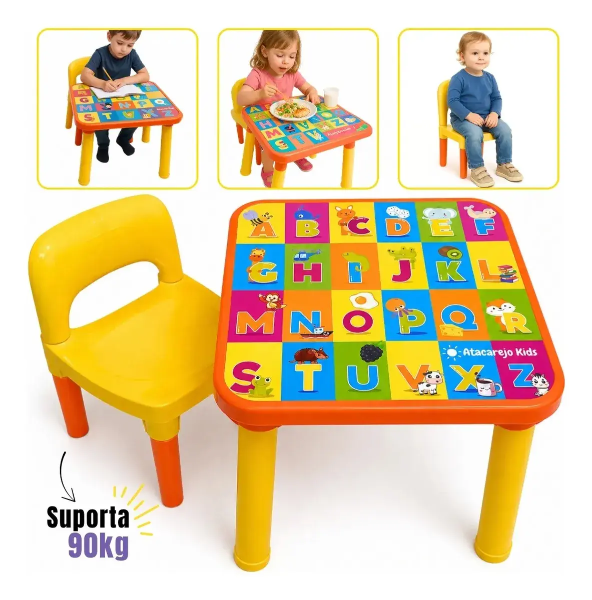 Mesinha Infantil Educativa Com Cadeira Alfabeto Letras Didática Pintura Desenho Refeição Atacarejo Kids