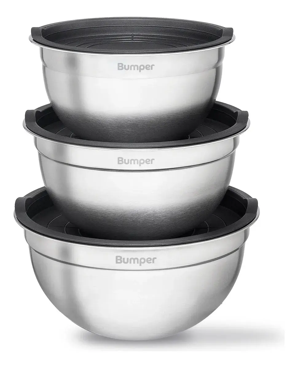 Conjunto De Bowls Tigela Inox Com Tampa Plástica Bumper Cinza