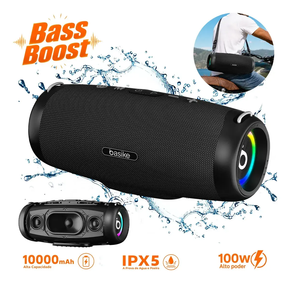 Caixa De Som Bluetooth 100w Potente Basike Ba-RAD293 Boombox Portátil A Prova D'agua IPX5 Bateria 10000mAh Power Bank Alca De Ombro LED RGB TWS Grave Forte TF USB AUX Para Festa Churrasco Praia Viagem