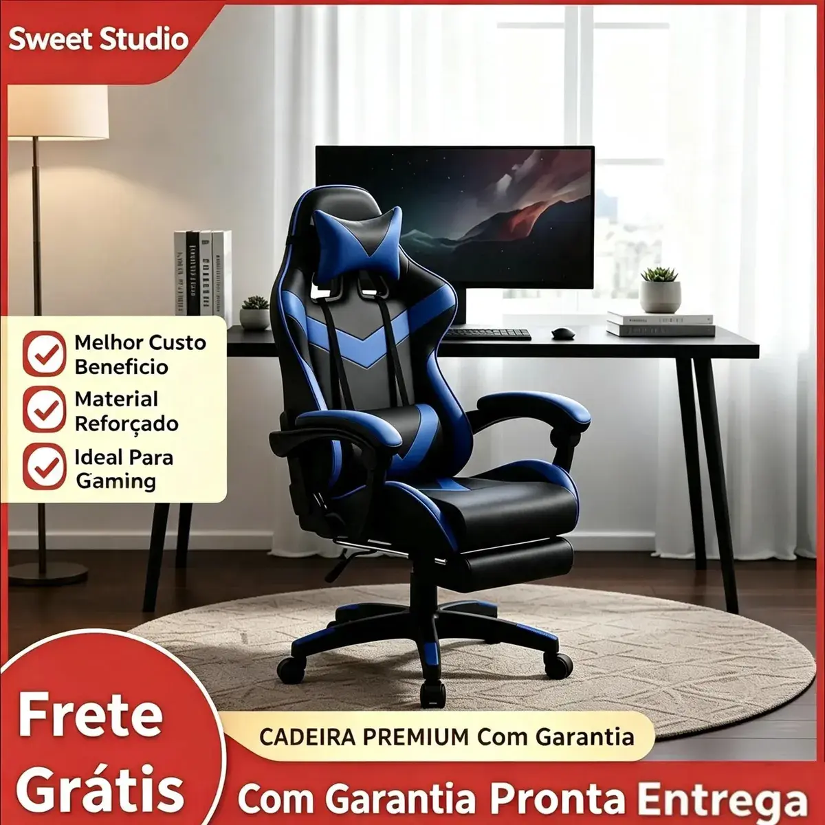Cadeira Gamer Sweet Studio Ergonômica Reclinável em Couro Sintético Azul com Apoio de Pés